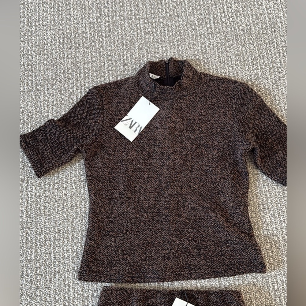New Zara Brown Black Tweed Mock Neck Top Skirt Set S - Picture 4 of 12